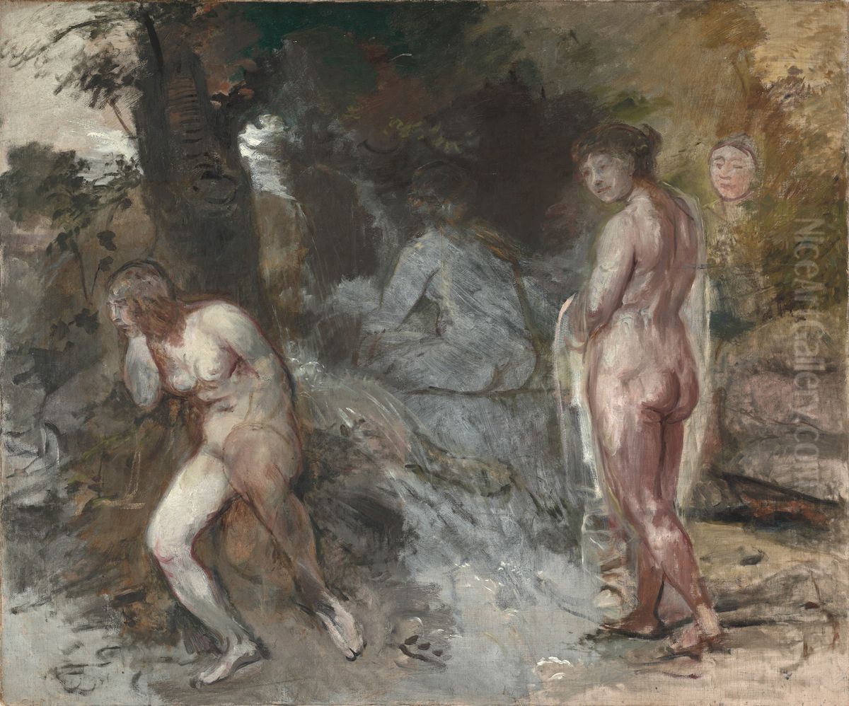 Nude Women in a Landscape Oil Painting by Hans von Marees