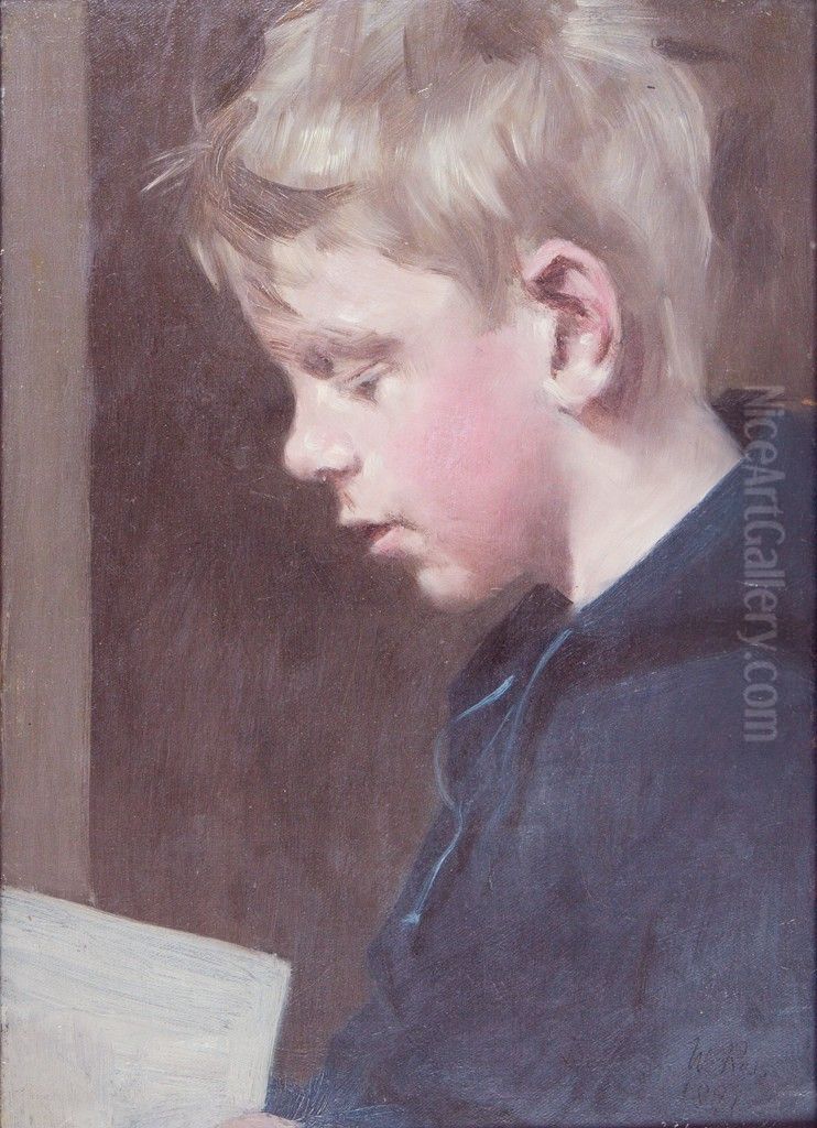 Profile Portrait of Young Boy Holding a Book Oil Painting by Denman Ross