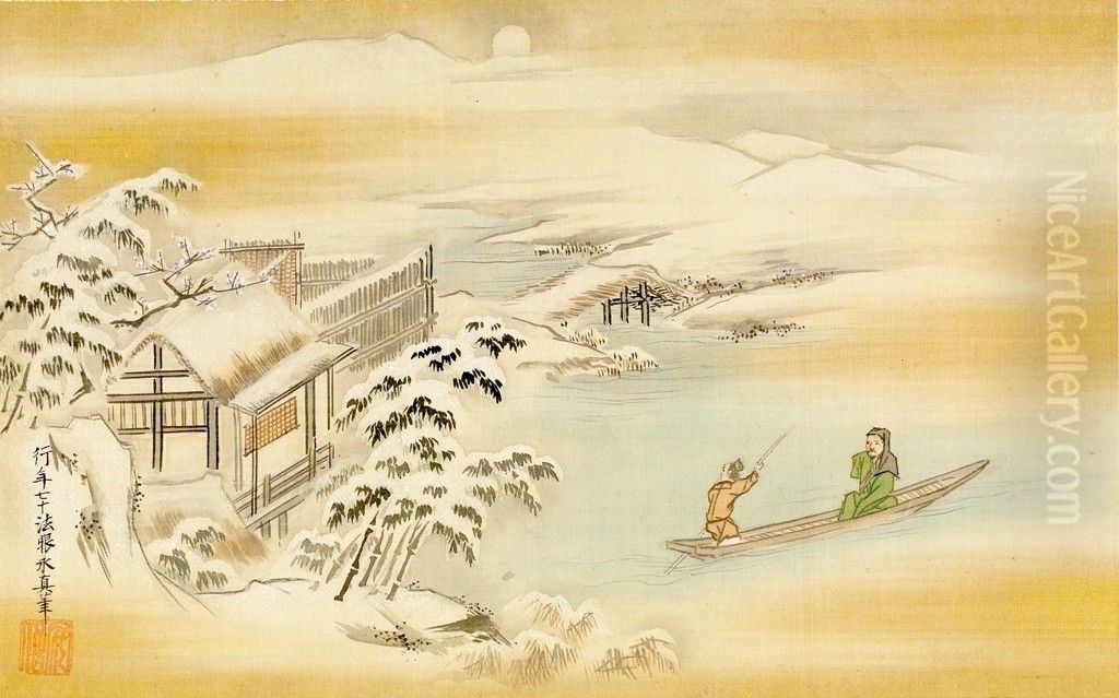Wang Ziyou in Boat on a Snowy Night Oil Painting by Kano Yasunobu Wang Ziyou in Boat on a Snowy Night Oil Painting by Kano Yasunobu