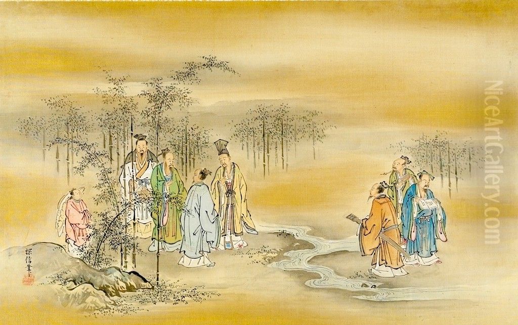 Seven Sages of the Bamboo Grove Oil Painting by Kano Tanshin