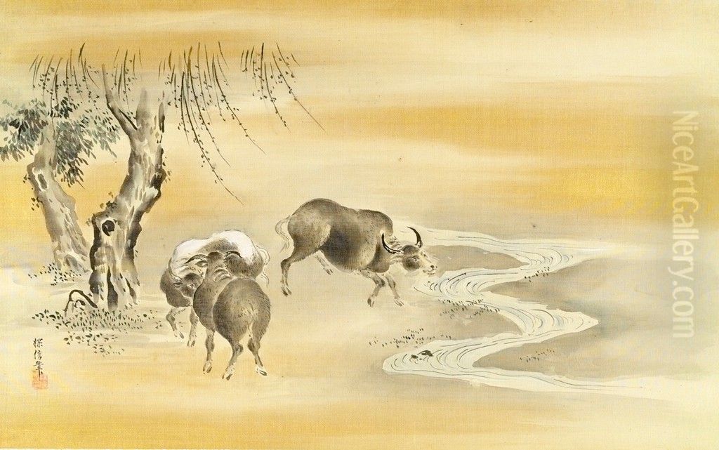 Three Black Buffalo under a Willow Tree by a Stream Oil Painting by Kano Tanshin