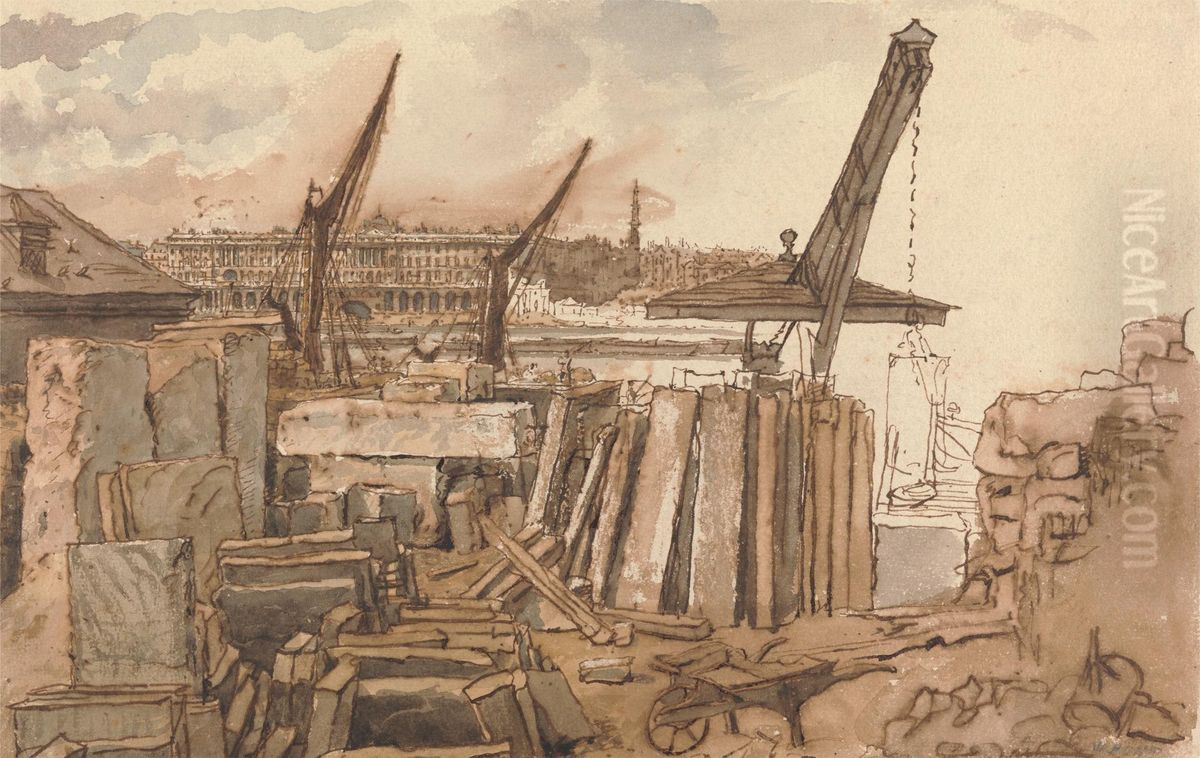 The Building of Waterloo Bridge Oil Painting by William Henry Hunt