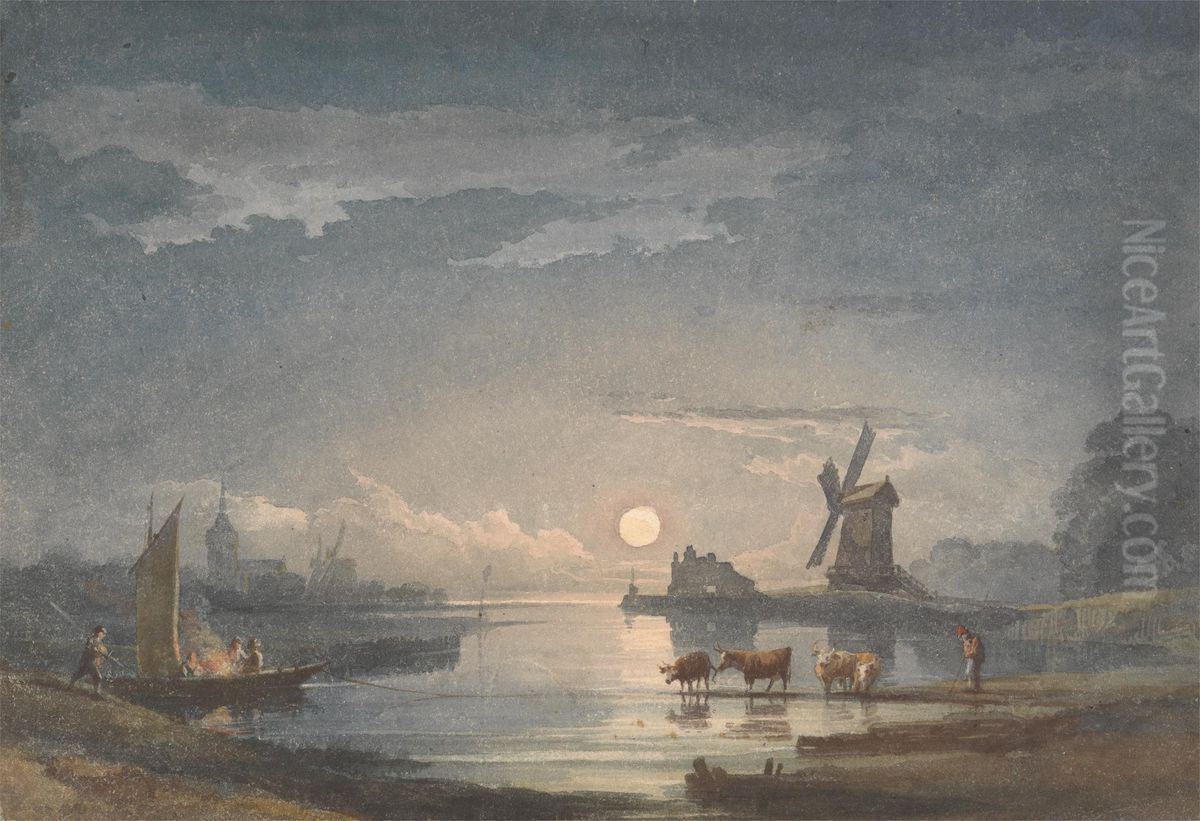 Moonlight on the River near Bruges Oil Painting by John Berney Crome