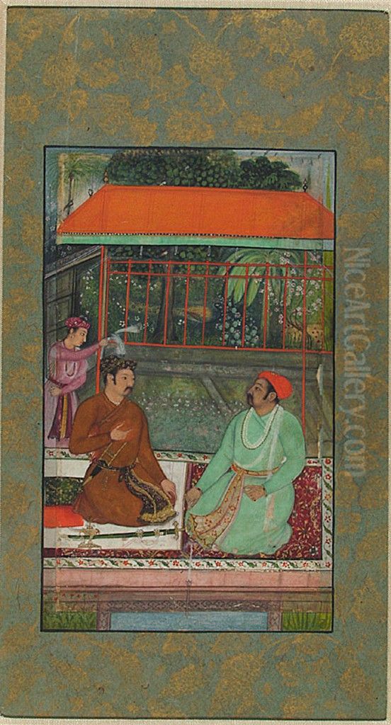 A Mughal and a Rajput Converse at Dusk Oil Painting by Basawan