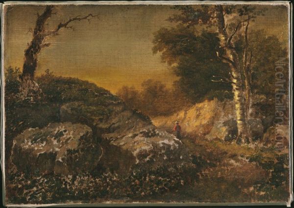 Autumn Landscape with Man Fishing Oil Painting by William Morris Hunt