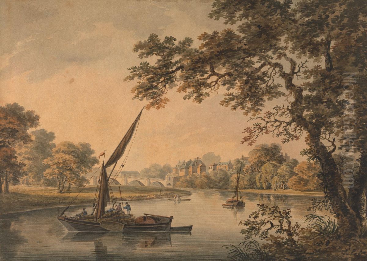 A Bridge over the Thames, with sailing barges in the foreground Oil Painting by Dominic Serres