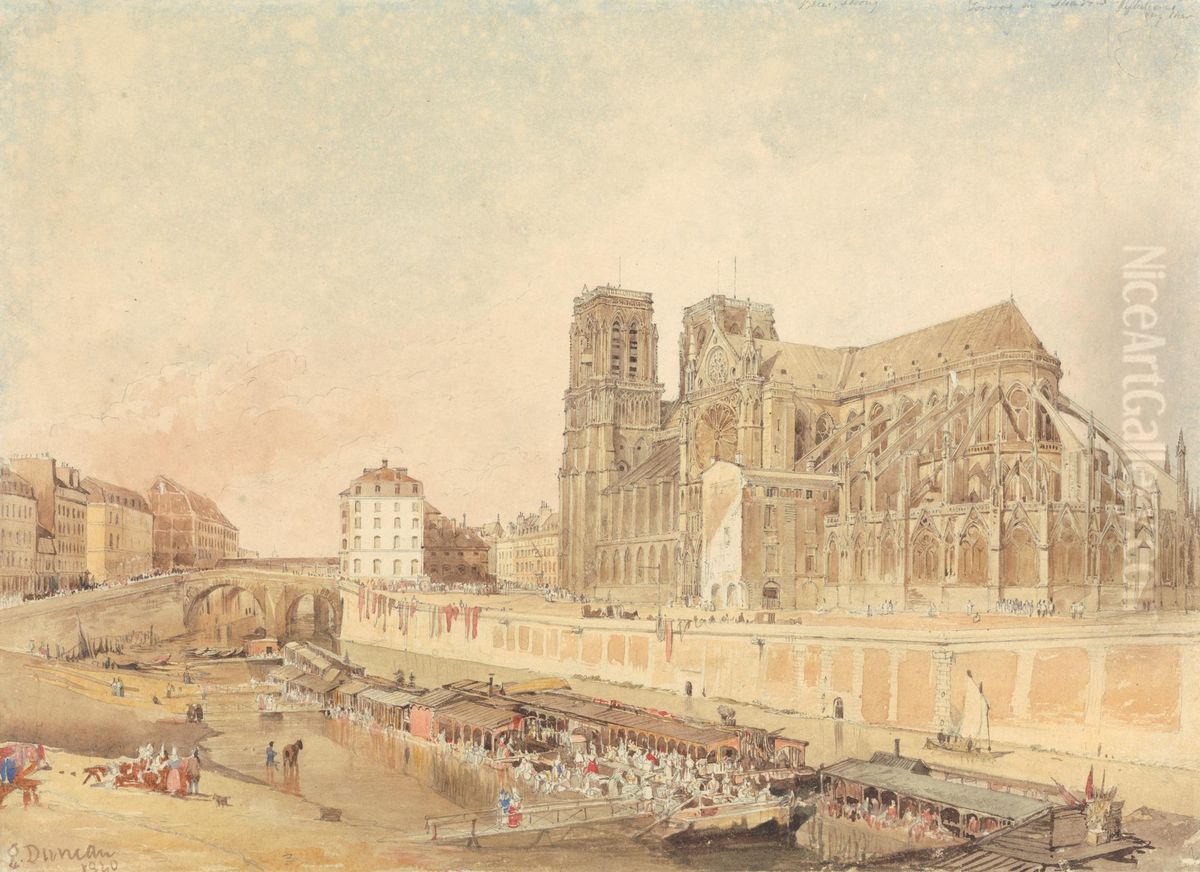 Notre Dame, Paris, from the Left Bank Oil Painting by Edward Duncan