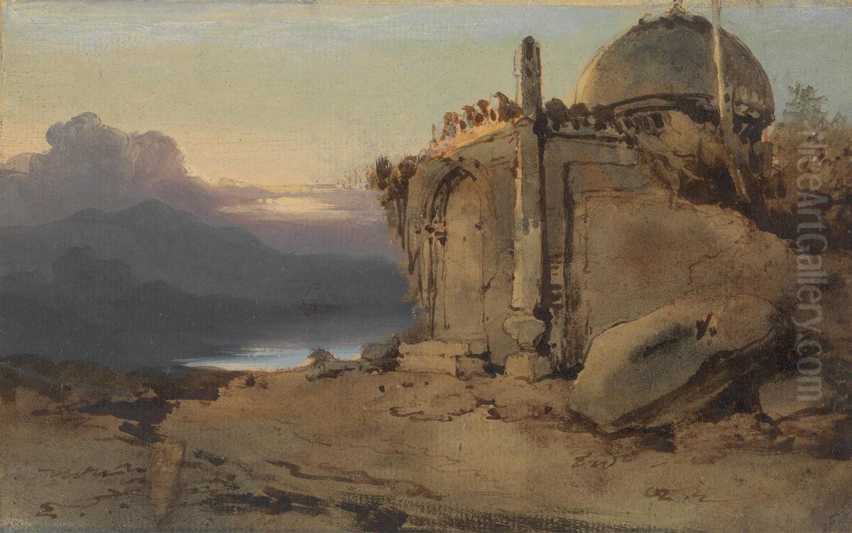 Ruins of a Temple, Sunset Oil Painting by George Chinnery