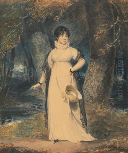 A Landscape with a Portrait of a Lady, Full Length, Holding a Hat Oil Painting by Richard Westall