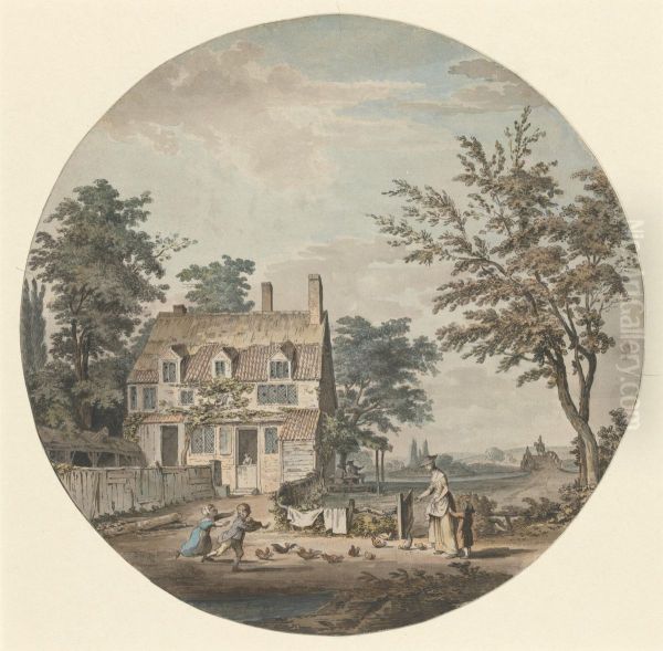 Landscape with Cottage, Bridge and Figures Oil Painting by Samuel Hieronymus Grimm