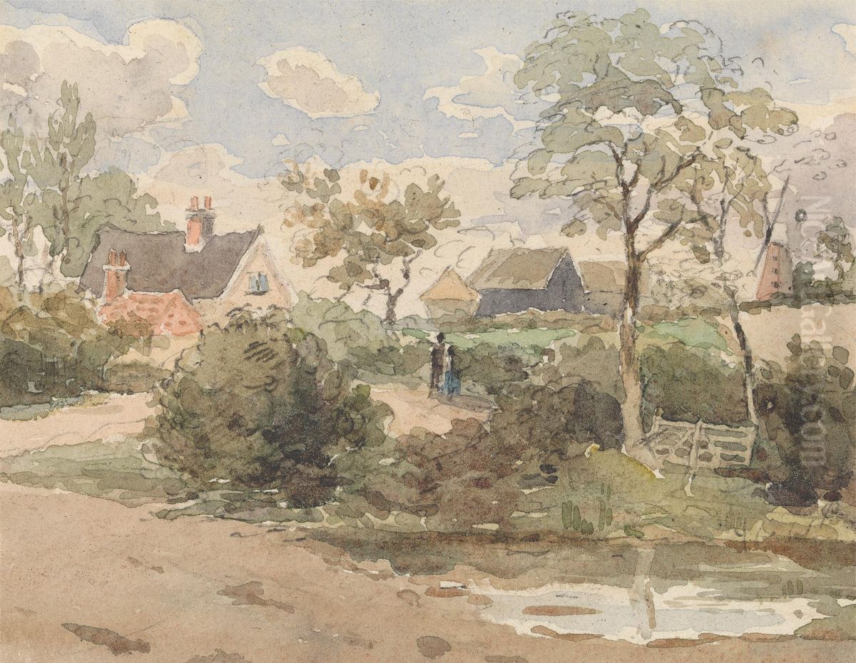 Country Landscape with Cottage, Windmill, Barns and Figures with Pond in Foreground Oil Painting by Thomas Churchyard