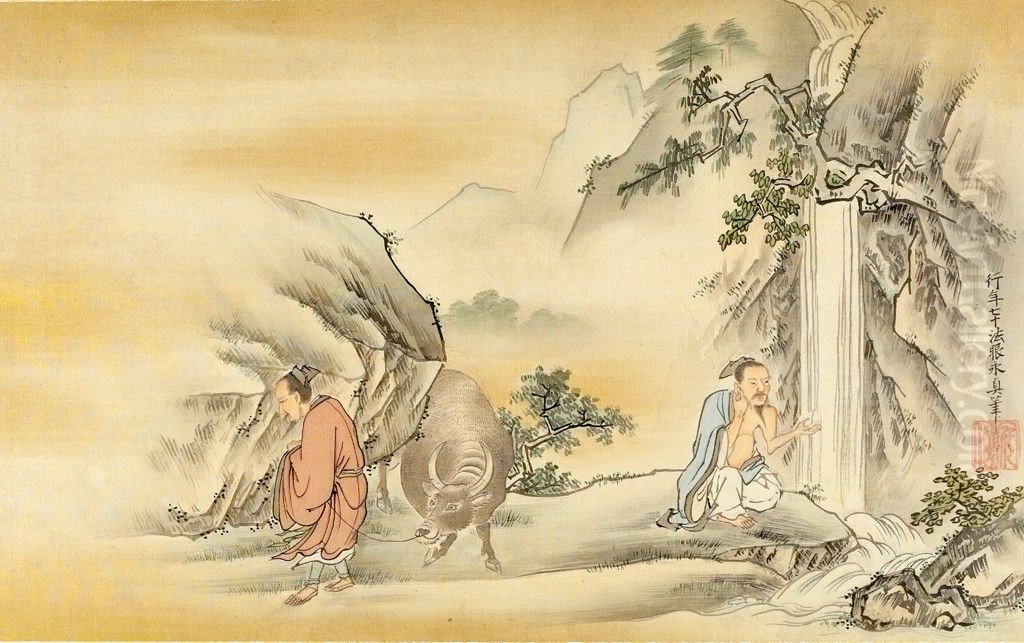 Hu You Washing His Hair in a Waterfall; Zhao Fu Moving His Ox Downstream Oil Painting by Kano Yasunobu