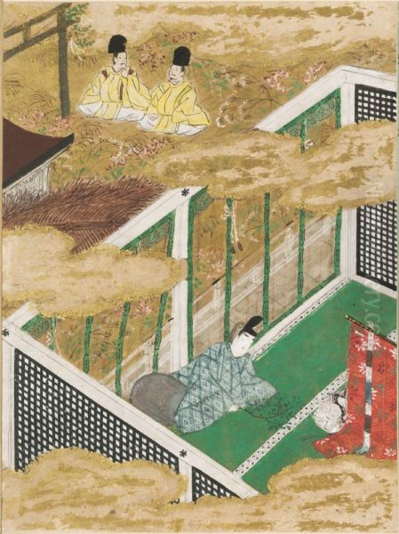 The Green Branch (Sakaki), Illustration to Chapter 10 of the Tale of Genji (Genji monogatari) Oil Painting by Tosa Mitsunobu