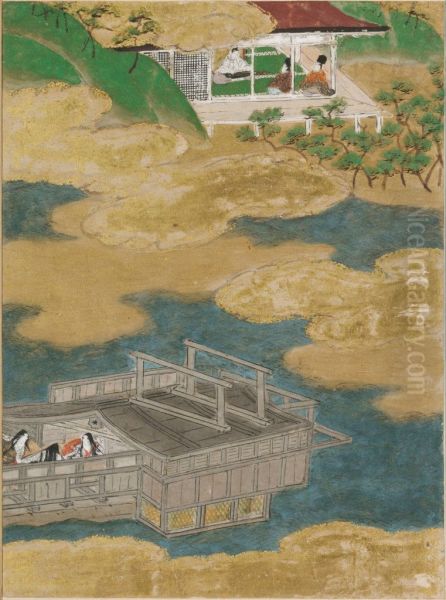 Suma, Illustration to Chapter 12 of the Tale of Genji (Genji monogatari) Oil Painting by Tosa Mitsunobu