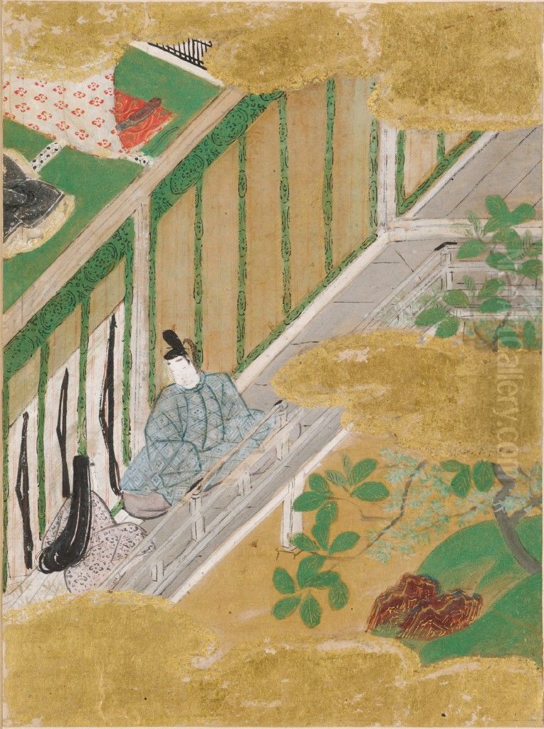 The Oak Tree (Kashiwagi), Illustration to Chapter 36 of the Tale of Genji (Genji monogatari) Oil Painting by Tosa Mitsunobu