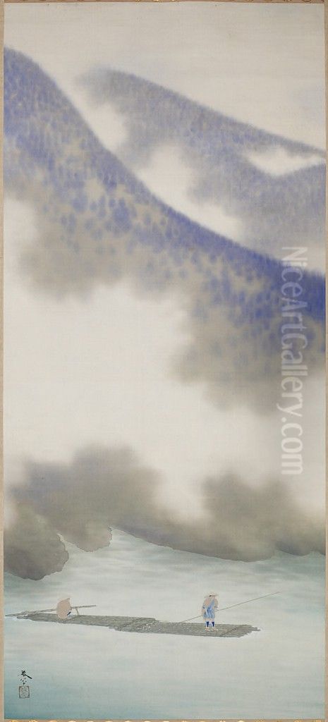 Fisherman in a Mist-Enshrouded Landscape Oil Painting by Hishida Shunso