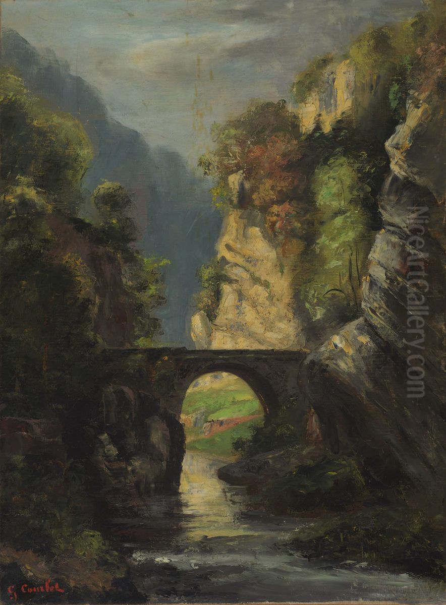 Bridge in a Landscape Oil Painting by Gustave Courbet
