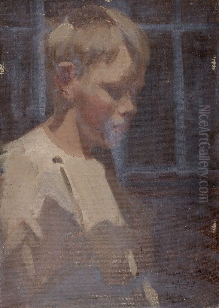 Portrait of a Boy Holding a Book Oil Painting by Denman Ross