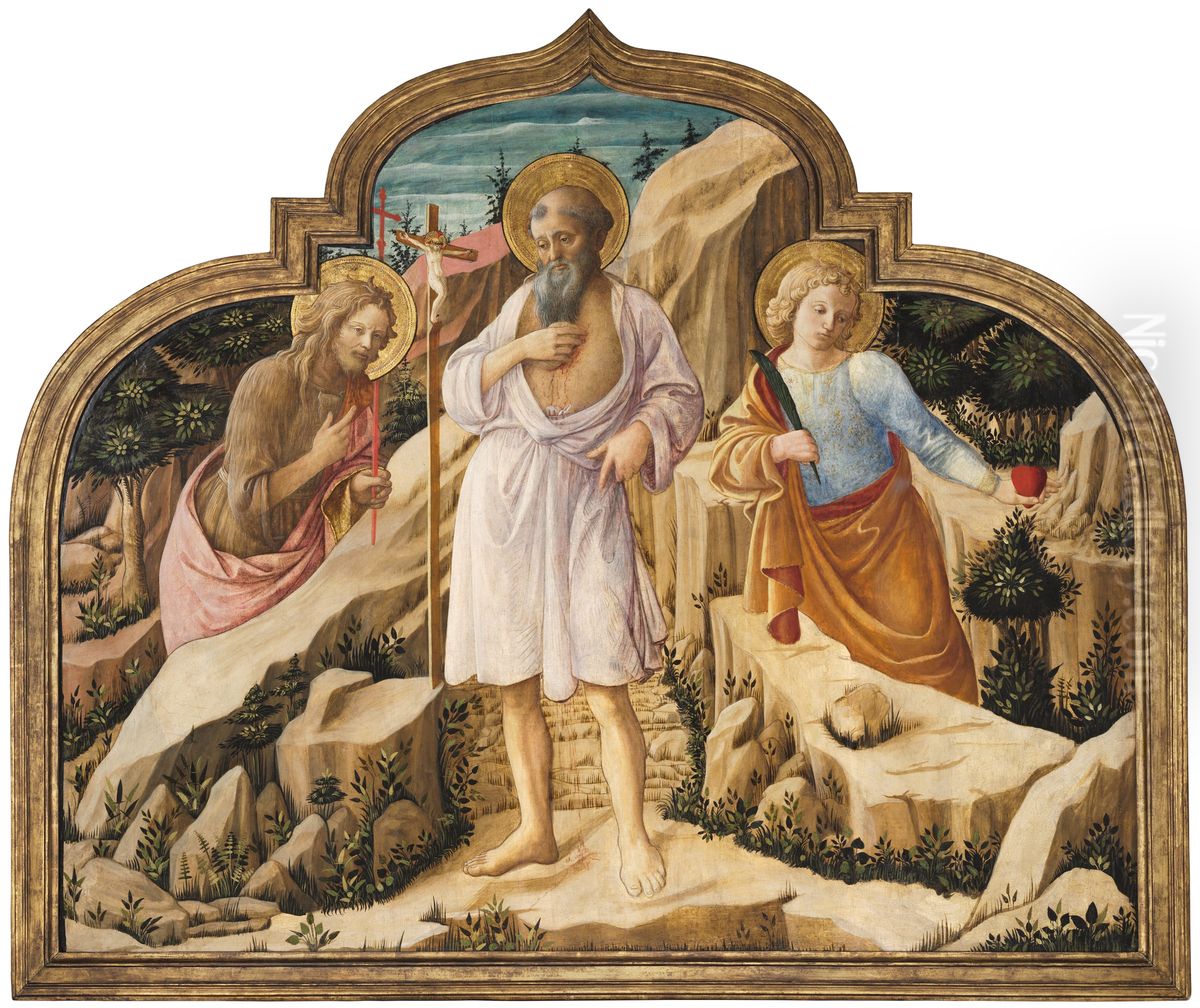 Saint Jerome in the Desert with Saints John the Baptist and Ansanus Oil Painting by Filippo Lippi
