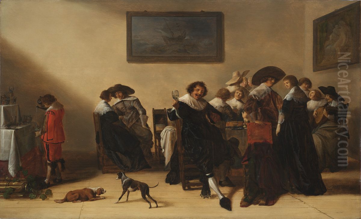 A Merry Company in an Interior Oil Painting by Anthonie Palamedesz.