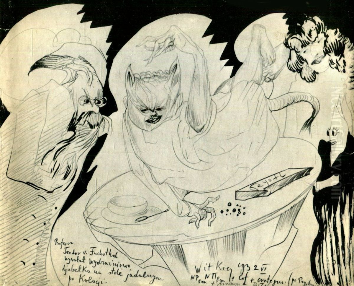 Professor Teodor v. Fucksthal made the devil appear on the dining table after dinner Oil Painting by Stanislaw Ignacy Witkiewicz (Witkacy)