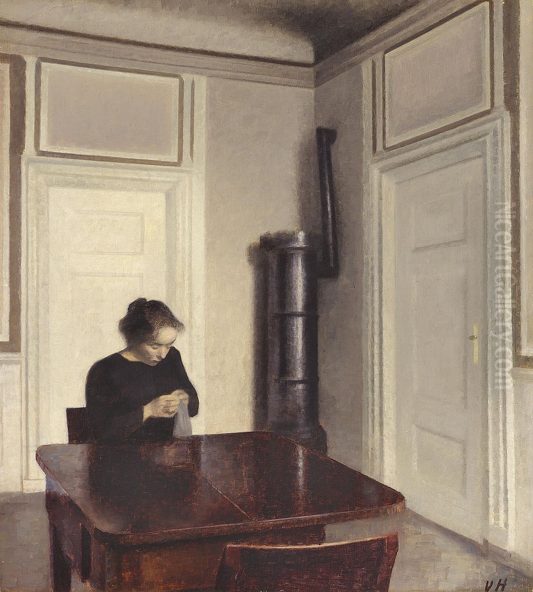 A room. The corner of a room with walls painted grey-lilac, divided into panels. Oil Painting by Vilhelm Hammershoi