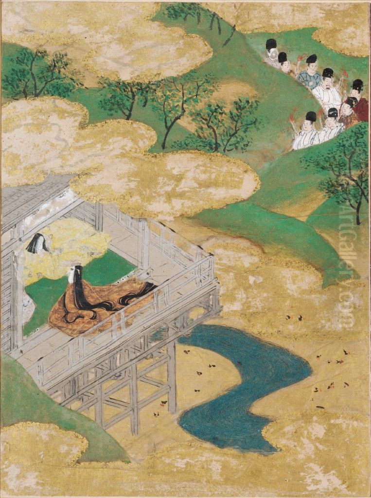 The Floating Bridge of Dreams (Yume no Ukihashi), Illustration to Chapter 54 of the Tale of Genji (Genji monogatari) Oil Painting by Tosa Mitsunobu