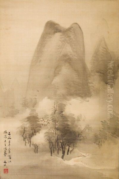 Landscape of a Misty Mountain Scene Oil Painting by Tani Buncho