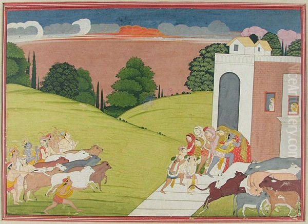 Krishna and the Cow Herders Return at Cow-dust, Illustration from a  Bhagavata Purana Series Oil Painting by Manaku