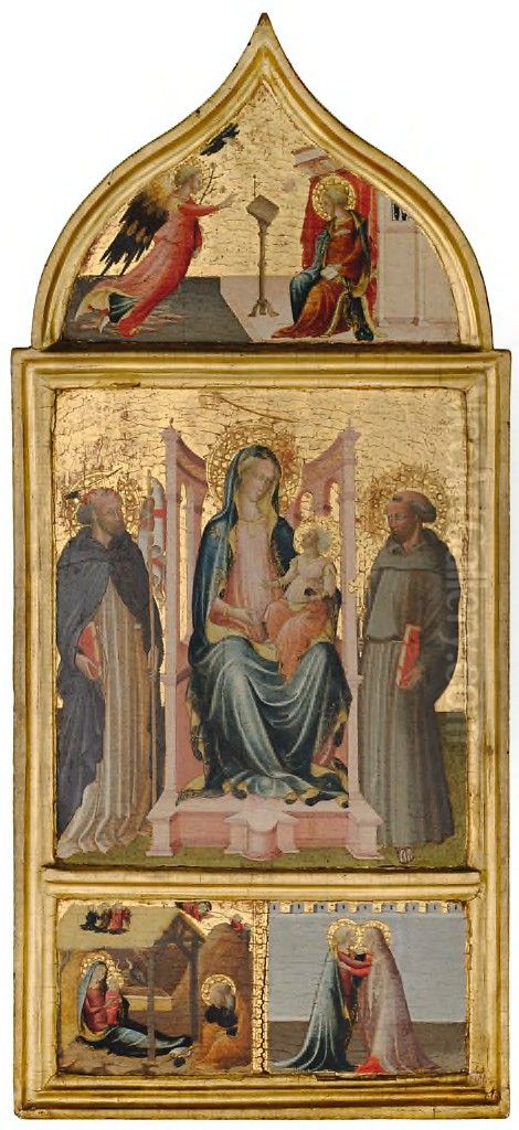 Annunciation; Predella: Nativity and Annunciation to the Shepherds, Visitation Oil Painting by Master of the Bargello Tondo