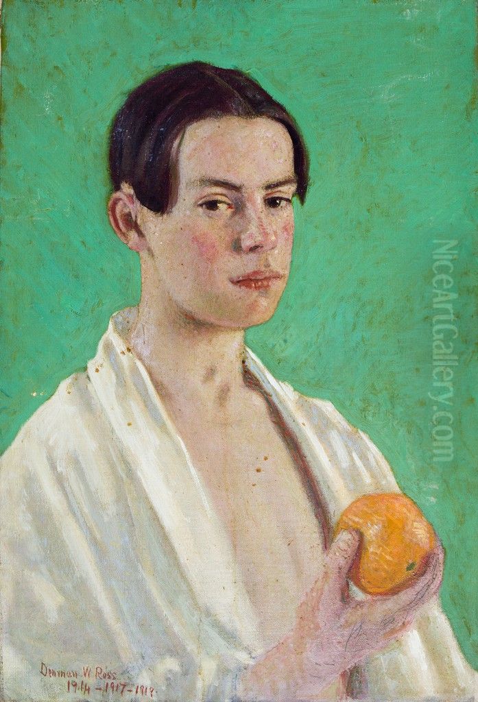 Half-Length Portrait of a Young Man Holding an Orange Oil Painting by Denman Ross