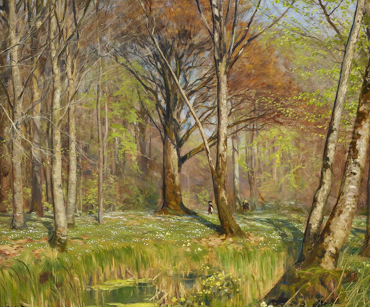 Children in a forest at springtime. The anemones ar in bloom. Oil Painting by H. A. Brendekilde