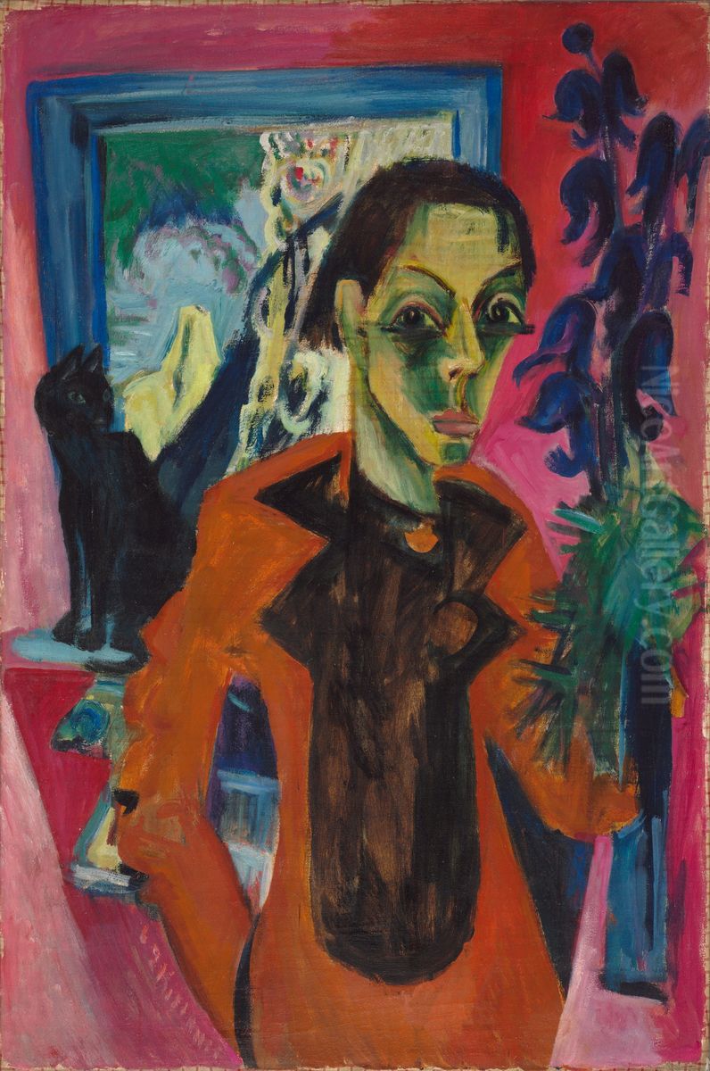 Selbstportrat mit Katze Oil Painting by Ernst Ludwig Kirchner