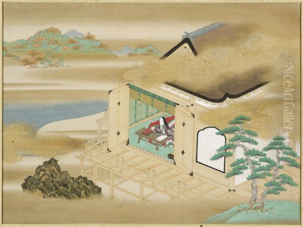 Landscape with Murasaki Shikibu writing at Ishiyamadera (Frontispiece to an album containing 54 illustrations and calligraphic excerpts from the Tale of Genji) Oil Painting by Tosa Mitsuoki