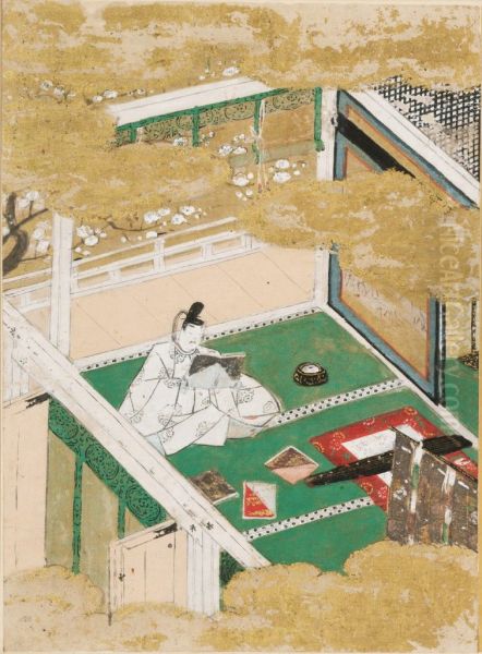 The Warbler's First Song (Hatsune), Illustration to Chapter 23 of the Tale of Genji (Genji monogatari) Oil Painting by Tosa Mitsunobu