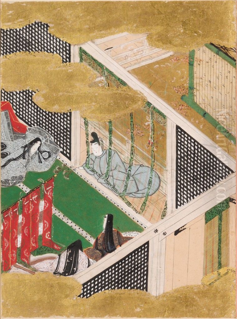 Thoroughwort Flowers (Fujibakama), Illustration to Chapter 30 of the Tale of Genji (Genji monogatari) Oil Painting by Tosa Mitsunobu