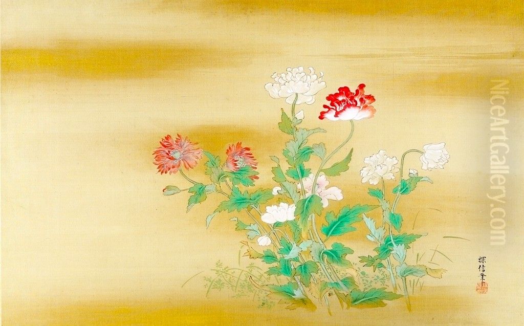 White and Pink Hibiscus and Peony Oil Painting by Kano Tanshin
