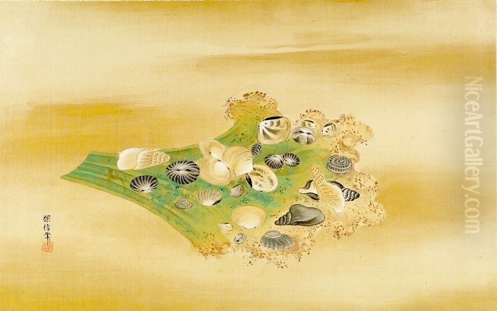 Twenty-Four Sea Shells on a Leaf Oil Painting by Kano Tanshin