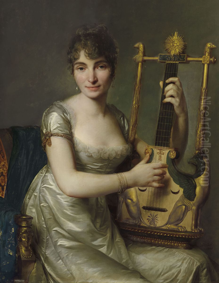 Portrait de Madame Larmoyer, de trois-quart, tenant une lyre-guitare Oil Painting by Antoine Vestier