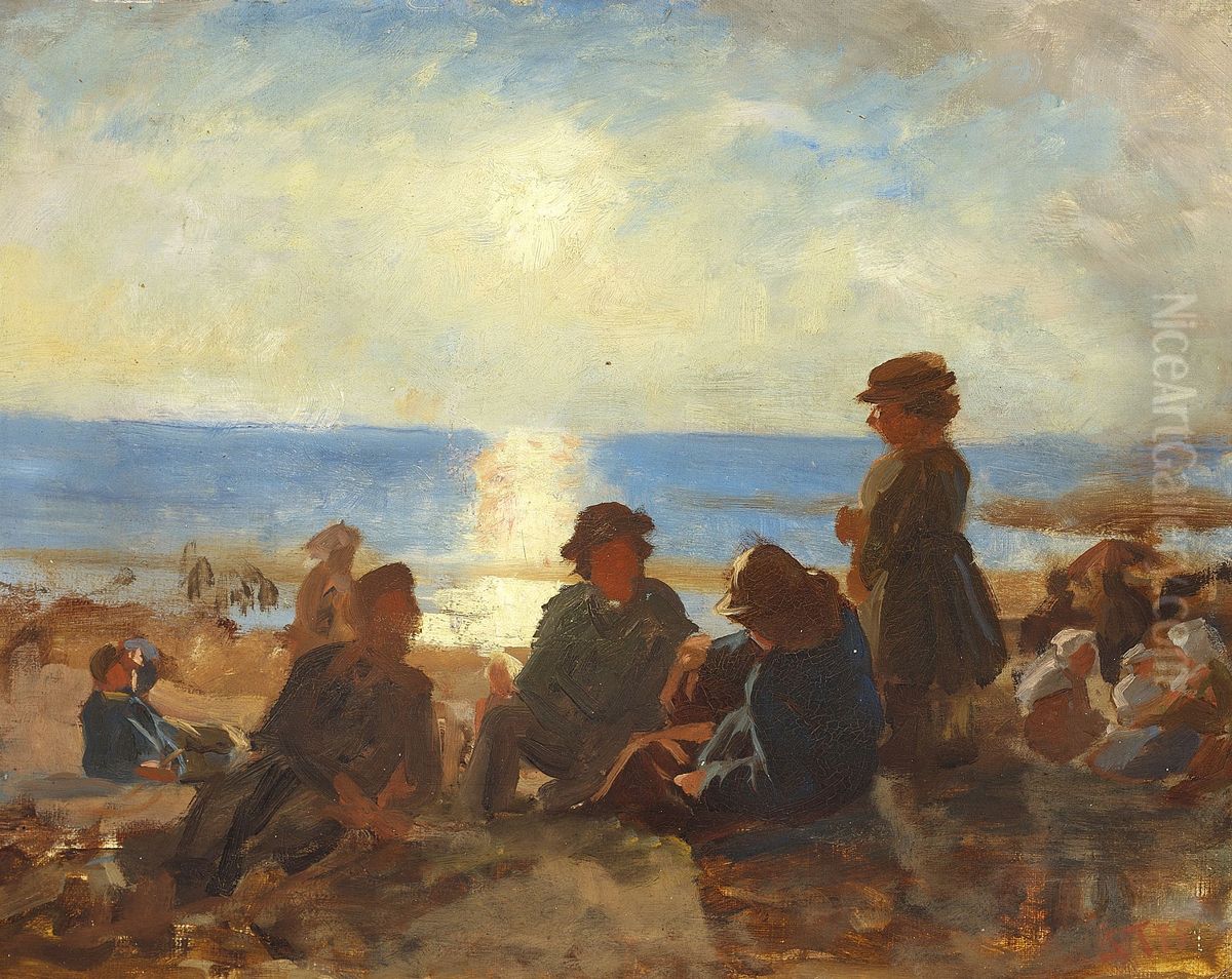 Fishermen at the beach. Bretagne, France. Oil Painting by Laurits Tuxen