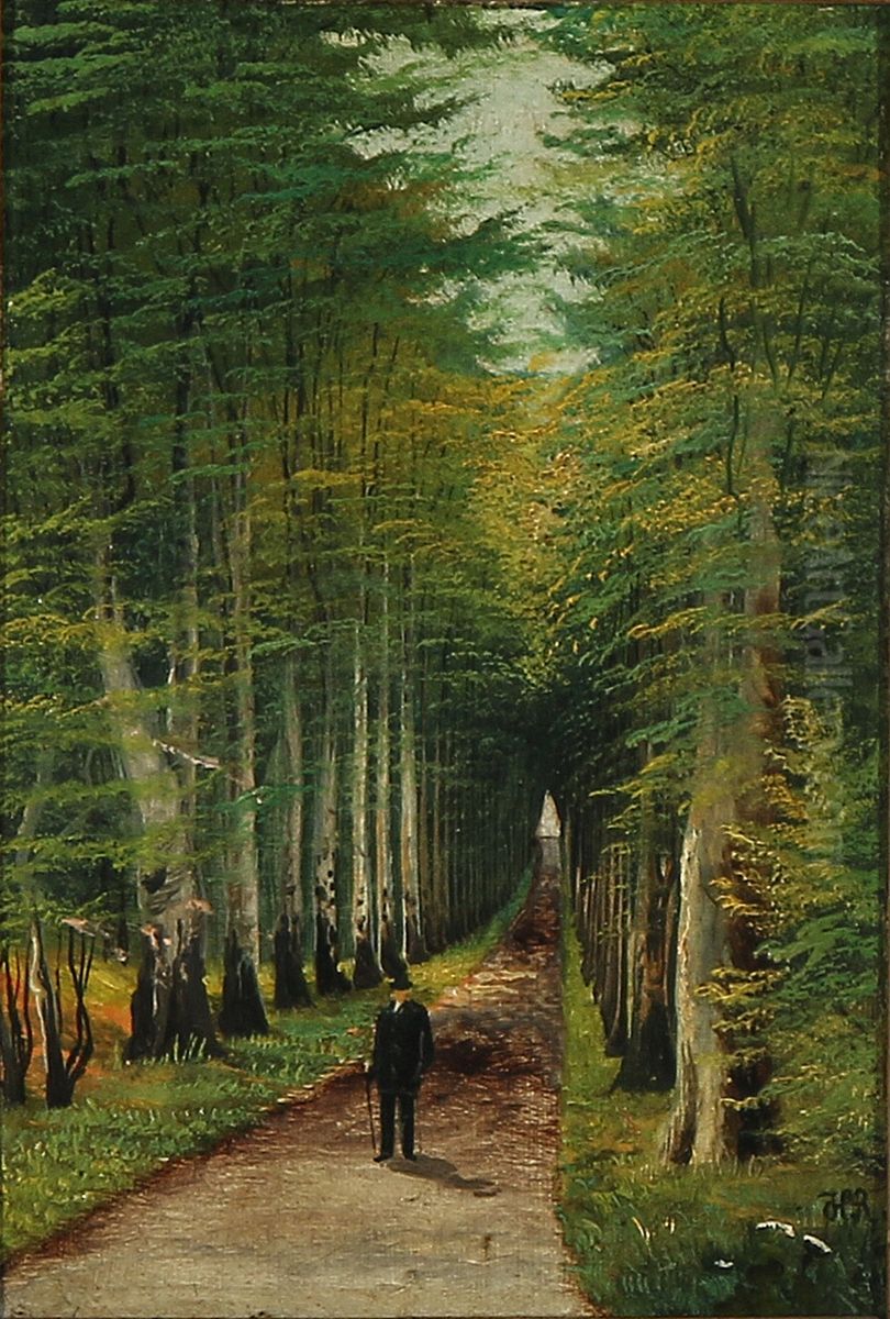 A gentleman taking a stroll in a forest Oil Painting by Holga Reinhard
