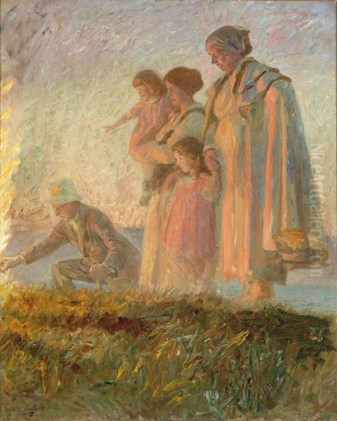 Midsummer bonfire at Skagen beach. Oil Painting by Laurits Tuxen