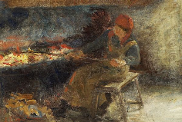 A woman at the fireplace. Oil Painting by Laurits Tuxen