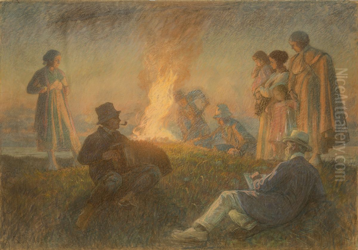 Midsummer bonfire. Oil Painting by Laurits Tuxen