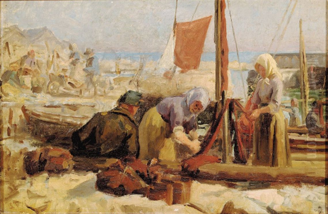 View from France with fisher women mending the nets. Oil Painting by Laurits Tuxen