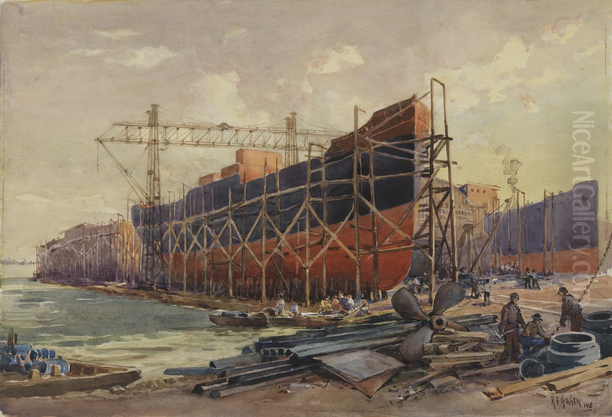 Shipbuilding, Polson's Yard Oil Painting by Robert Ford Gagen