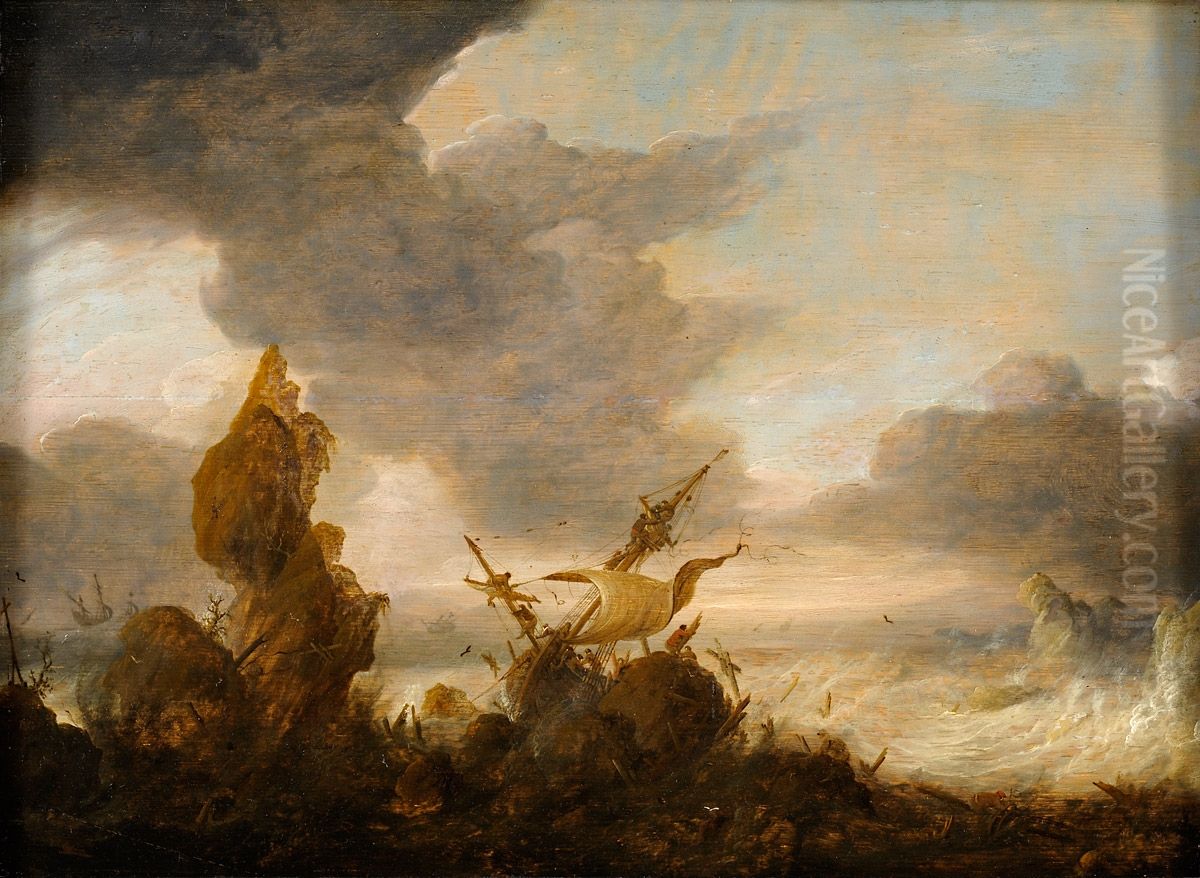Sturmische See mit havariertem Handelsschiff. Oil Painting by Pieter Mulier