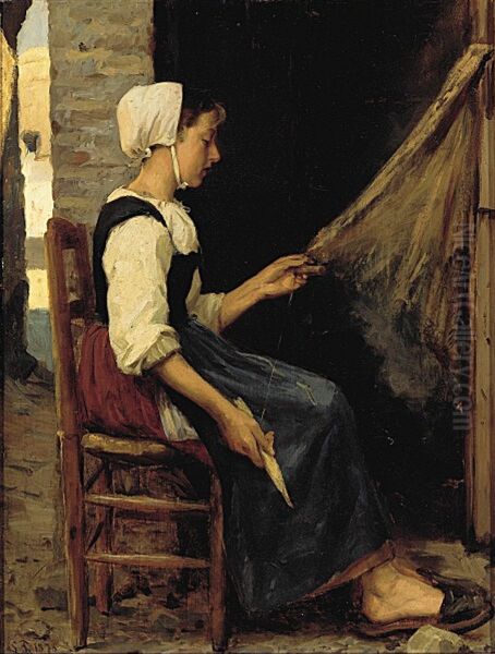 Young fisherwoman mending nets. Oil Painting by Laurits Tuxen