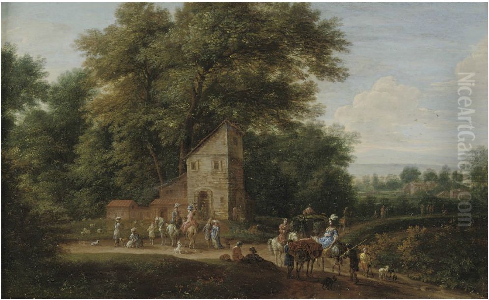A wooded landscape with elegant company on horseback Oil Painting by Jan Baptist van der Meiren