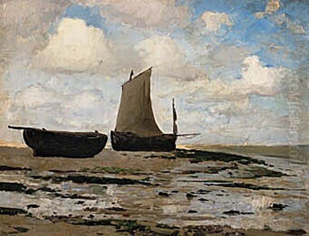 Bade pa stranden ved lavvande, Cayeux. Oil Painting by Laurits Tuxen